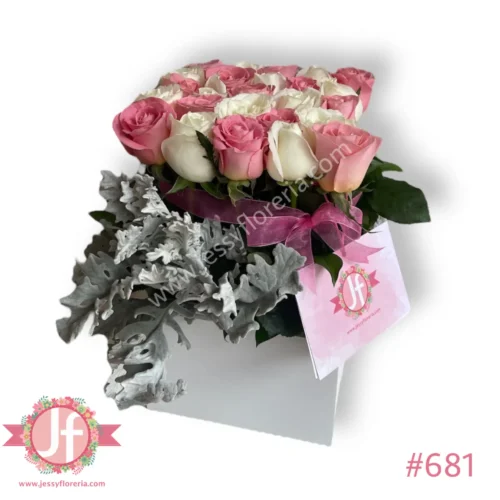Caja 25 rosas rositas y blancas