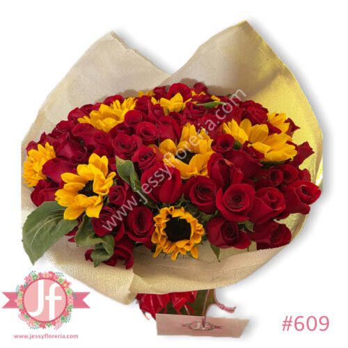 Ramo de 100 rosas y 10 girasoles