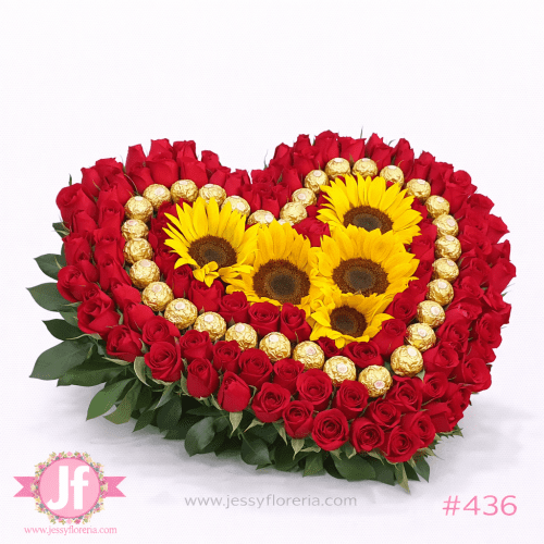 Caja corazón con rosas rojas, girasoles y chocolates Ferrero para envío de flores a domicilio en Guadalajara, Zapopan y zona metropolitana.