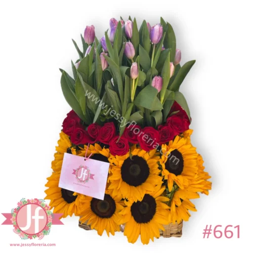 Canasta 20 girasoles, 30 rosas y 30 tulipanes - Pedir con un día de anticipación
