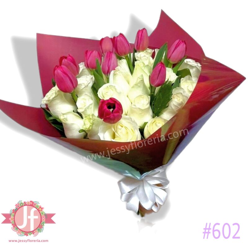Bouquet 30 rosas blancas y 10 tulipanes – Jessy Floreria