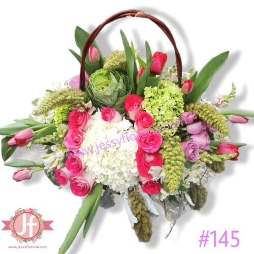 Canasta vintage con tulipanes y hortensias - Pedir con un día de anticipación - Image 2