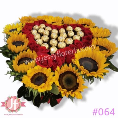 064 Corazon de girasoles rosas y ferreros