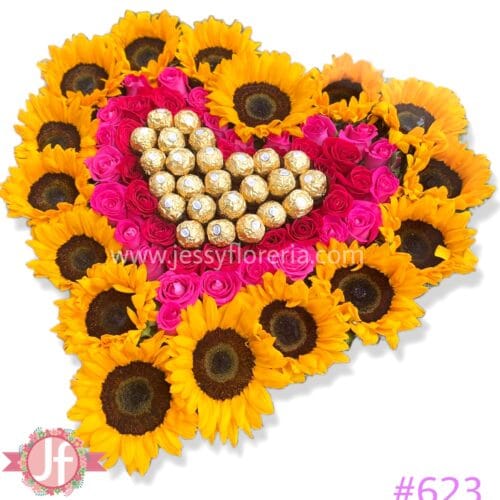 623 corazón girasoles, rosas y ferreros