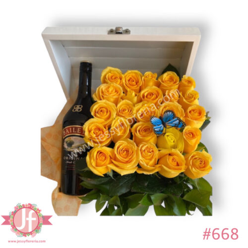 Cofre 25 rosas amarillas y baileys