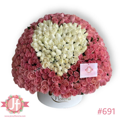 Caja circular con 350 rosas rosita y blancas