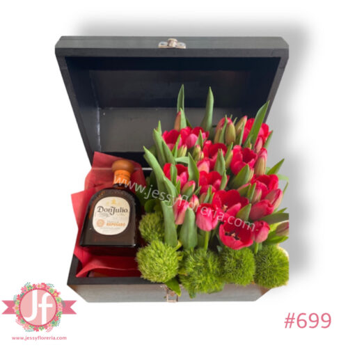 Cofre con 40 tulipanes y Don Julio Reposado - Pedir con un día de anticipación