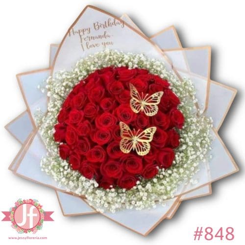 848 Ramo 60 rosas rojas con gypsophilia y mariposas