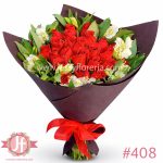 Bouquet con 24 rosas rojas y alstroemerias frescas para envío de flores a domicilio en Guadalajara, Zapopan, Tlaquepaque y Tonalá.