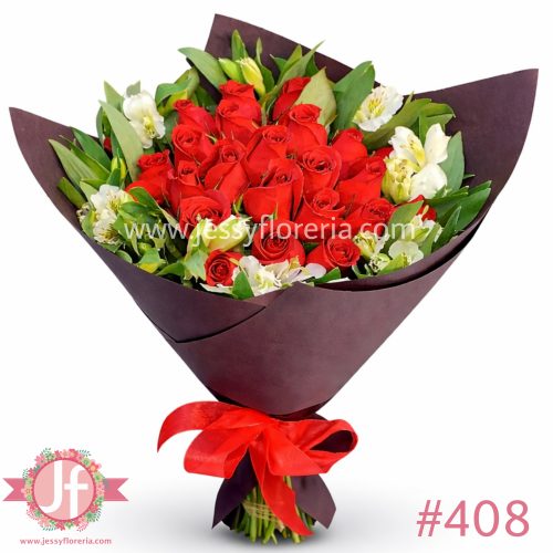 Bouquet con 24 rosas rojas y alstroemerias frescas para envío de flores a domicilio en Guadalajara, Zapopan, Tlaquepaque y Tonalá.