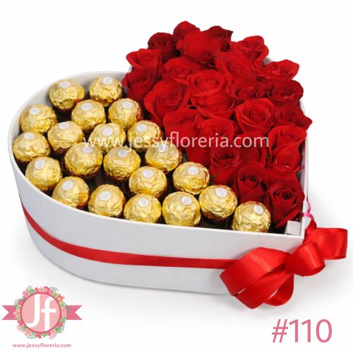 Corazón con rosas frescas y chocolates Ferrero para envío de flores y dulces a domicilio en Guadalajara, Zapopan y zona metropolitana.