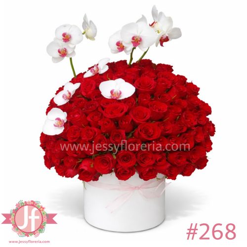 Caja circular blanca con 150 rosas rojas frescas y orquídeas para envío de flores a domicilio en Guadalajara, Zapopan y zona metropolitana.