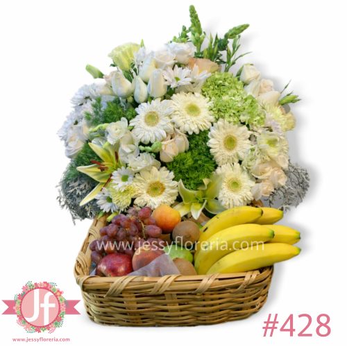 Canasta frutal blanca con fruta de temporada y flores frescas, ideal para enviar a domicilio en Guadalajara.