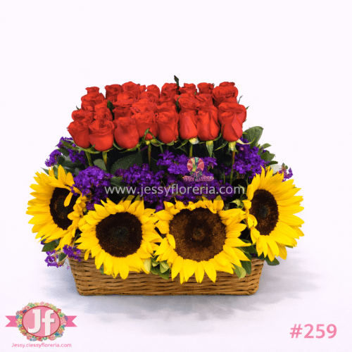 Jardinera con 40 rosas y girasoles frescos para envío de flores a domicilio en Guadalajara, Zapopan, Tlaquepaque y Tonalá.