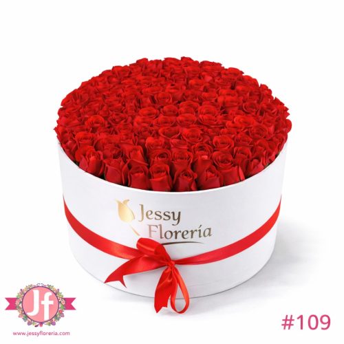 Caja redonda blanca con 120 rosas frescas para envío de flores a domicilio en Guadalajara, Zapopan, Tlaquepaque y Tonalá.