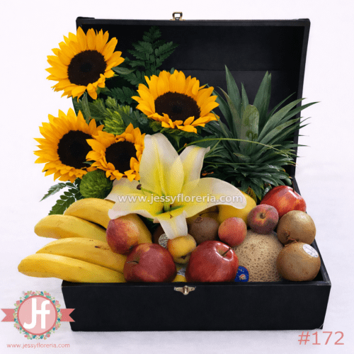 Cofre frutal con girasoles y fruta de temporada para envío de flores y regalos a domicilio en Guadalajara, Zapopan y zona metropolitana.
