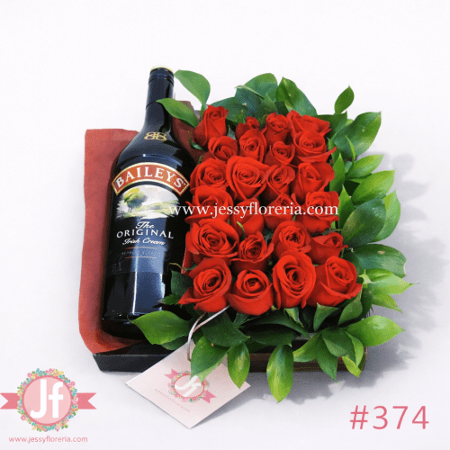 Caja con 24 rosas rojas frescas y Baileys para envío de flores y regalos románticos a domicilio en Guadalajara, Zapopan y zona metropolitana.