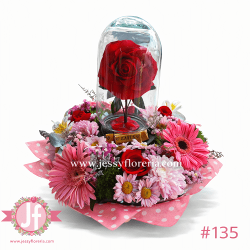 Caja con rosa eterna y flores surtidas para envío de flores y regalos a domicilio en Guadalajara, Zapopan y zona metropolitana.