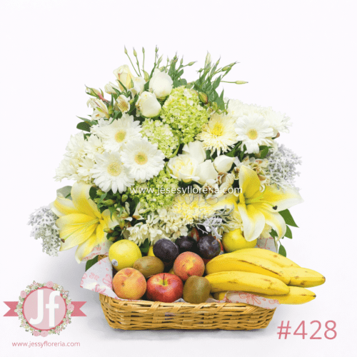 Canasta frutal blanca con fruta de temporada y flores frescas, ideal para enviar a domicilio en Guadalajara.