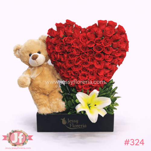Corazón de rosas frescas con peluche para envío de flores y regalos a domicilio en Guadalajara, Zapopan y zona metropolitana.
