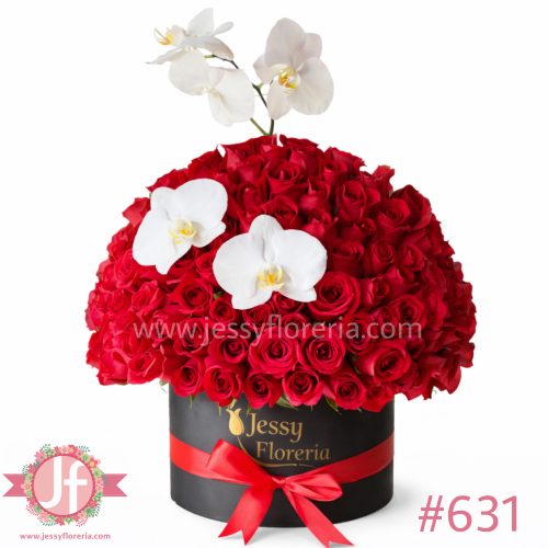 Caja circular con 100 rosas y vara de orquídeas en Guadalajara