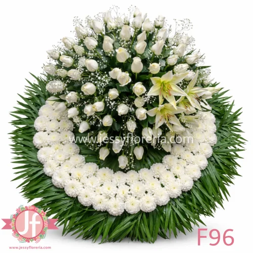 Corona funeraria con copete de 100 rosas blancas para envío e instalación en funerales y ceremonias en Guadalajara, Zapopan y zona metropolitana.