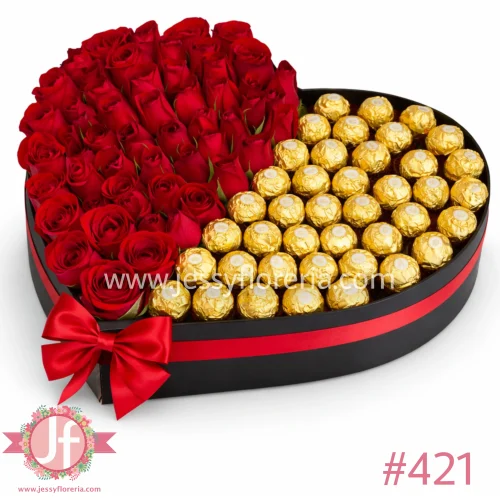 Caja corazón con 50 rosas rojas y 45 Ferrero Rocher para envío de flores y chocolates a domicilio en Guadalajara.