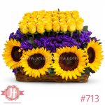 Canasta con 40 rosas amarillas y girasoles frescos para envío de flores a domicilio en Guadalajara.