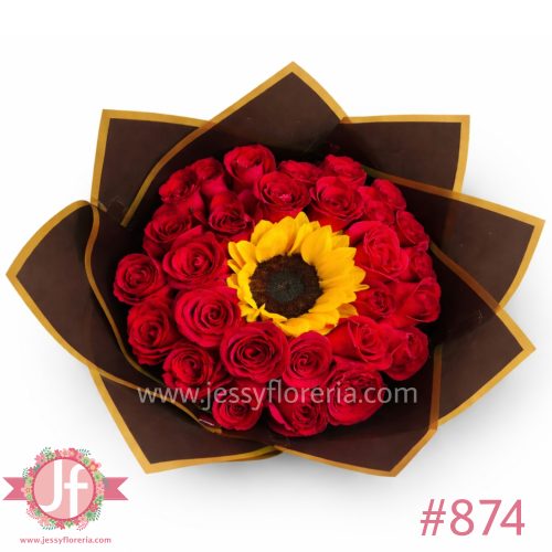 Bouquet 24 rosas y girasol