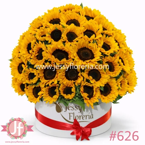 caja circular con 50 girasoles arreglo floral elegante en Guadalajara