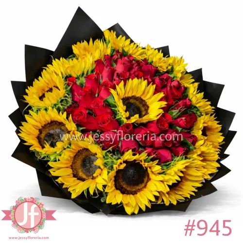 ramo de 50 rosas rojas y 15 girasoles arreglo floral en Guadalajara