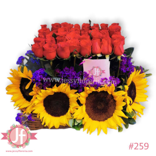 Jardinera 40 rosas y girasoles
