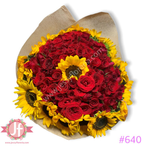 Ramo de 100 rosas y 20 girasoles