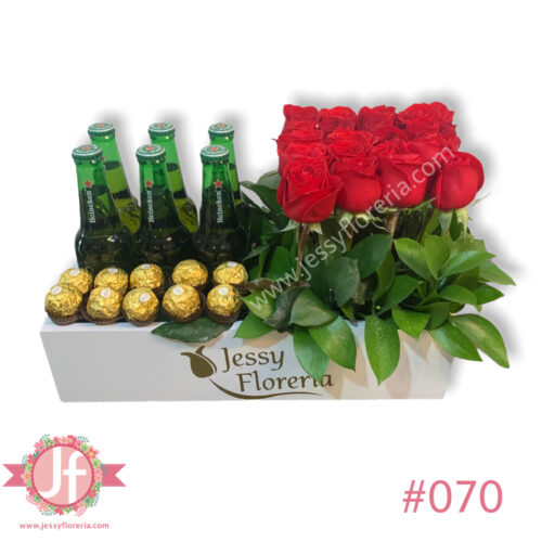 Caja cerveza rosas y chocolates