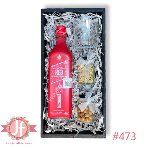 Caja Red Label, botana y vaso - Complemento a tus flores