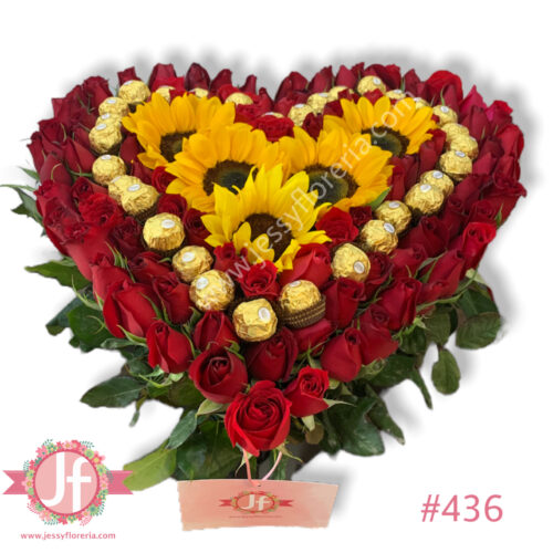 Caja corazón de rosas, Ferreros y girasoles