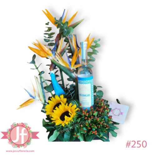 Caja Girasol, ave de paraíso y mezcal