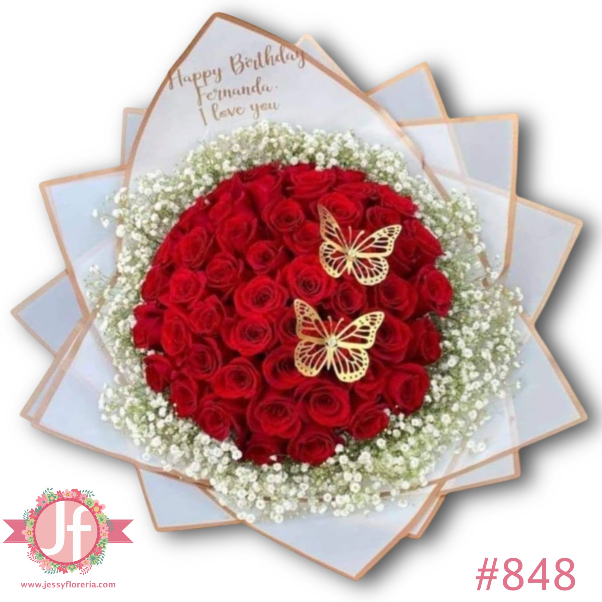 Ramo 60 rosas rojas con gypsophilia y mariposas
