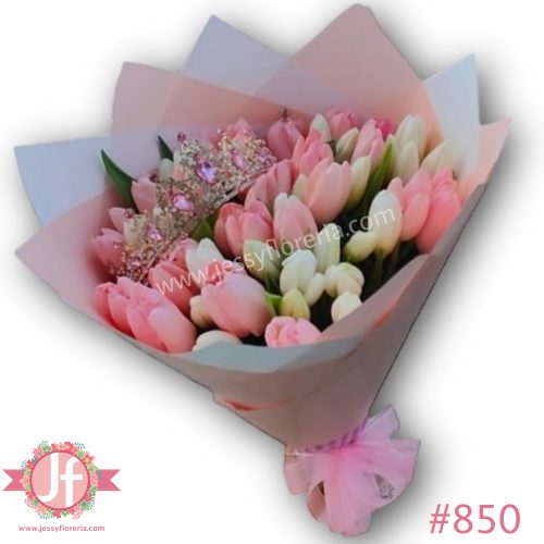 Bouquet 50 tulipanes blancos y rosas y corona – Pedir con un día de anticipación