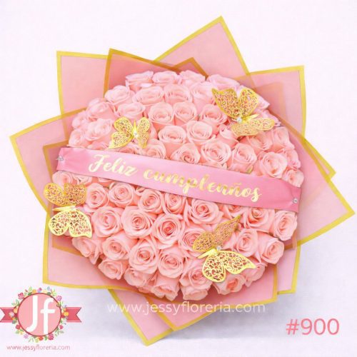 Ramo 100 rosas rosas con listón y mariposas
