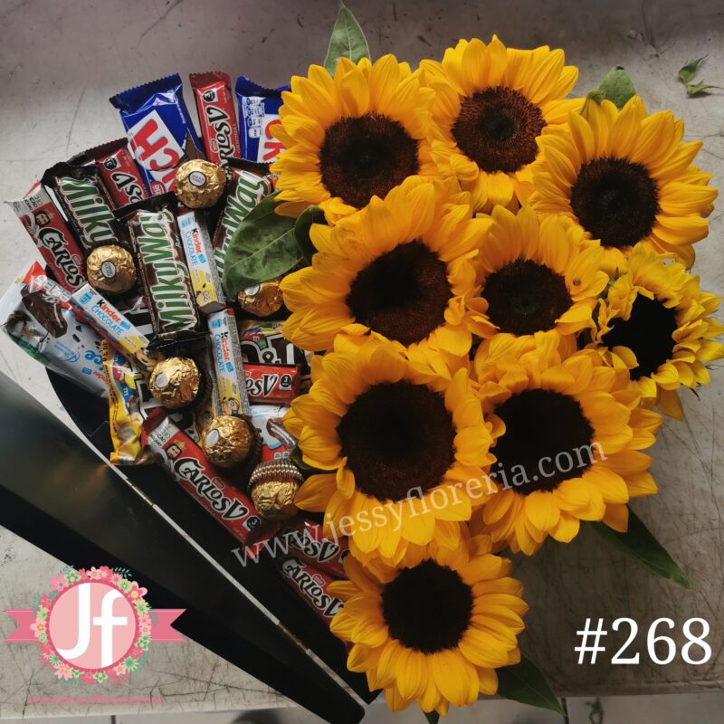 Corazón media tapa Girasoles y 30 chocolates – Jessy Floreria