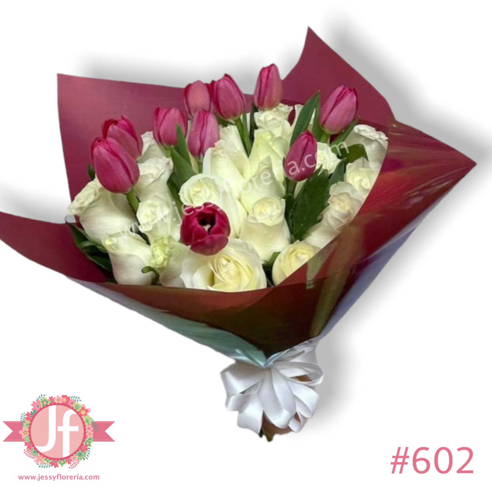 Bouquet 30 rosas blancas y 10 tulipanes – Jessy Floreria