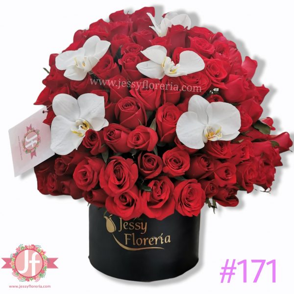 171 Caja circular 100 rosas rojas y orquídeas