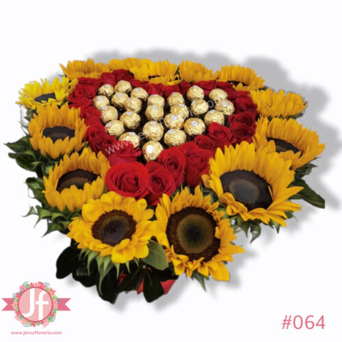 Corazón de girasoles rosas y Ferreros