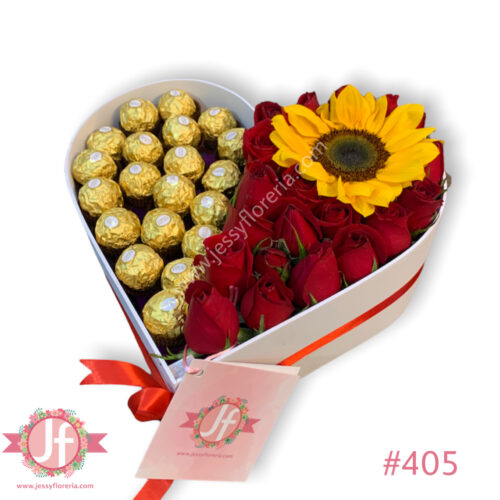 Corazón Blanco Ferreros, 20 Rosas & Girasol
