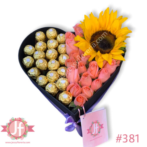 Corazón rosas rositas, girasol y Ferreros