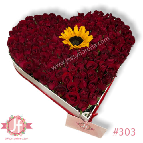 Caja corazón de 130 rosas y girasol