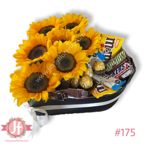 Corazón de girasoles y chocolates