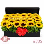 Cofre negro con 24 girasoles frescos para envío de flores a domicilio en Guadalajara, Zapopan, Tlaquepaque y Tonalá.