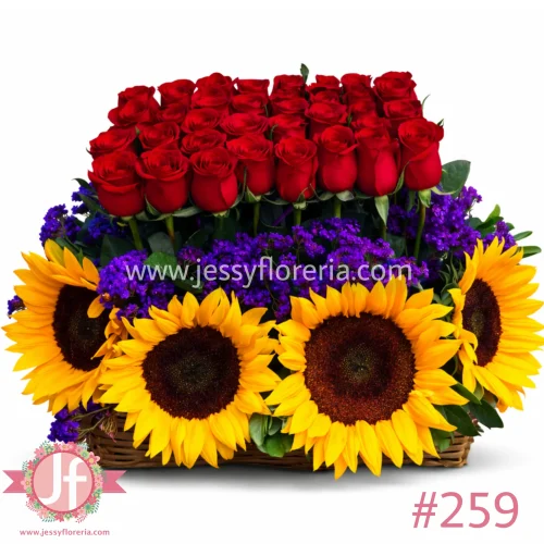 Canasta con 40 rosas y girasoles